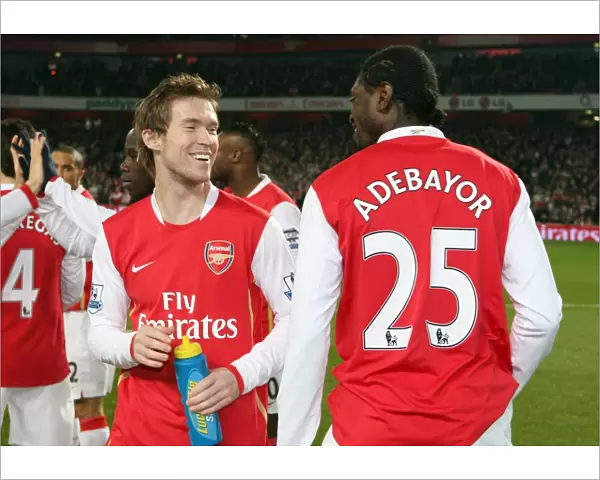 Alex Hleb and Emmanuel Adebayor (Arsenal) before the match