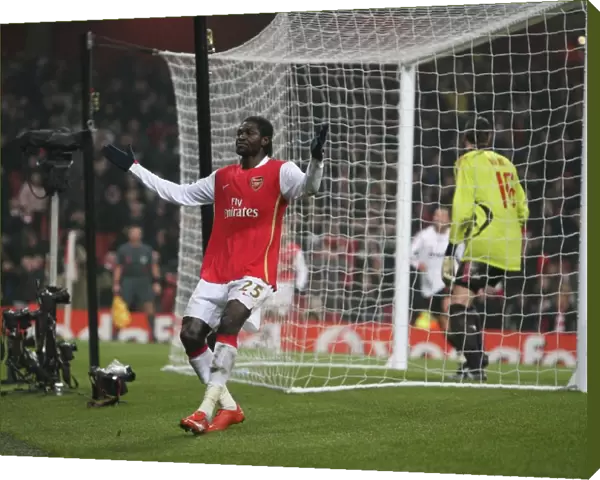 Emmanuel Adebayor (Arsenal) after his header hits the crossbar