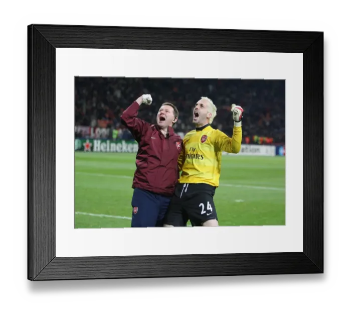 Framed Print : Manuel Almunia and Gary Lewin: A Celebratory Moment as Arsenal Takes a 2-0 Lead Over AC Milan in the Champions League