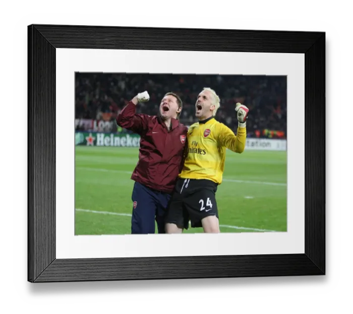 Framed Print : Manuel Almunia and Gary Lewin: Arsenal's Jubilant Moment after the Second Goal vs. AC Milan, 2008 Champions League Framed Print : Manuel Almunia and Gary Lewin: Arsenal's Jubilant Moment after the Second Goal vs. AC Milan, 2008 Champions League