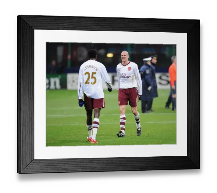 Framed Print : Philippe Senderos and Emmanuel Adebayor (Arsenal) celebrate at the end of the match