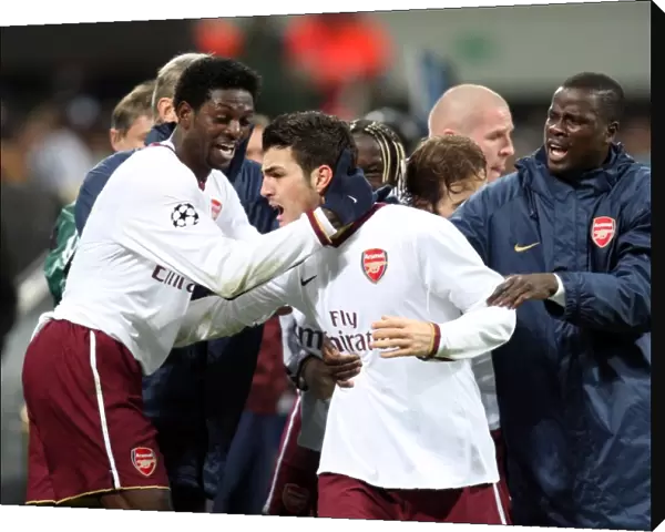 Cesc Fabregas celebrates scoring Arsenals 1st goal with Emmanuel Adebayor