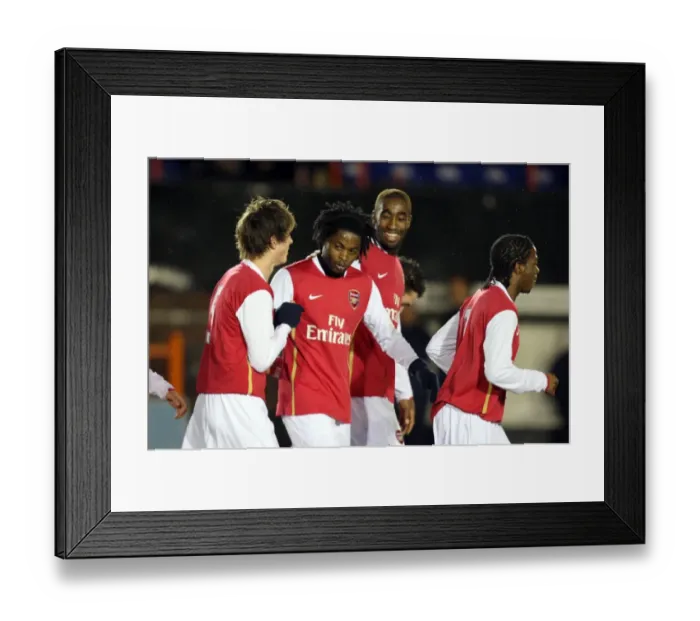 Framed Print : Alex Song celebrates scoring Arsenals goal with Johan Djourou and Havard Nordtveit
