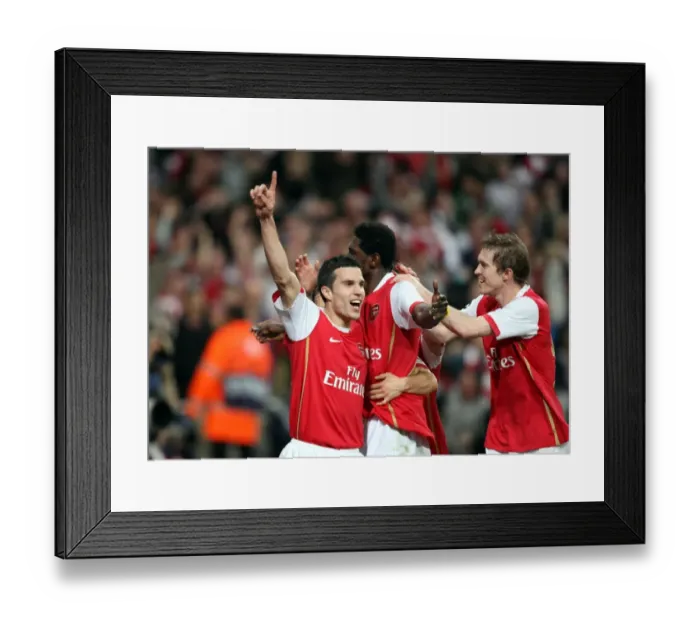 Framed Print : Emmanuel Adebayor celebrates scoring Arsenals goal with Robin van Persie