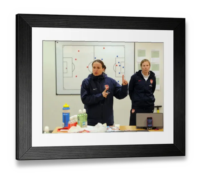 Framed Print : Arsenal Ladies: Manager Laura Harvey and Assistant Rihanne Skinner Planning Game Strategy Against Chelsea