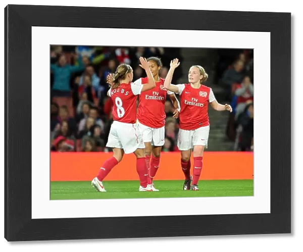 Arsenal Women's Triumph: Kim Little, Rachel Yankey, and Jordan Nobbs Celebrate Goals Against Chelsea