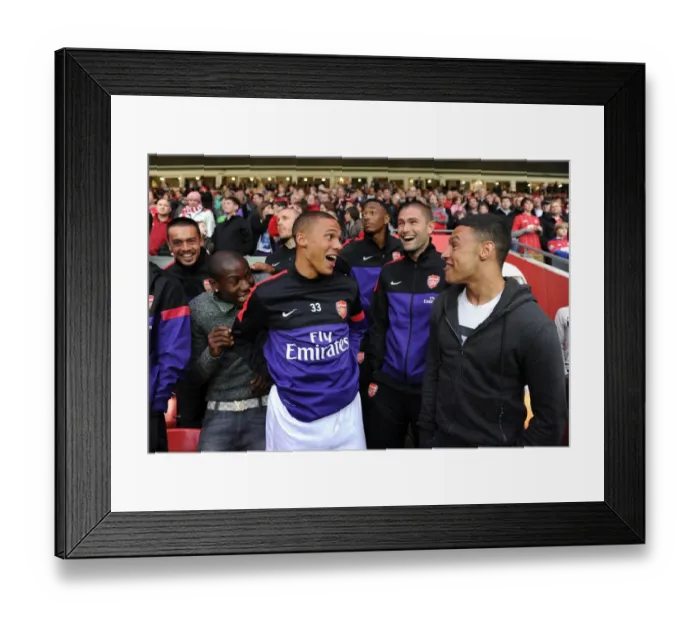 Framed Print : Arsenal Players: Benik Afobe, Kieran Gibbs, Henri Lansbury, and Alex Oxlade-Chamberlain during the Southampton v Arsenal Pre-Season Match, 2012-13