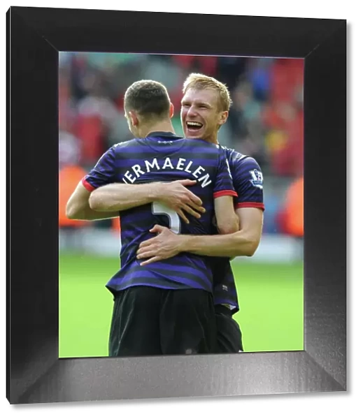 Celebrating Victory: Vermaelen and Mertesacker, Liverpool v Arsenal, 2012-13