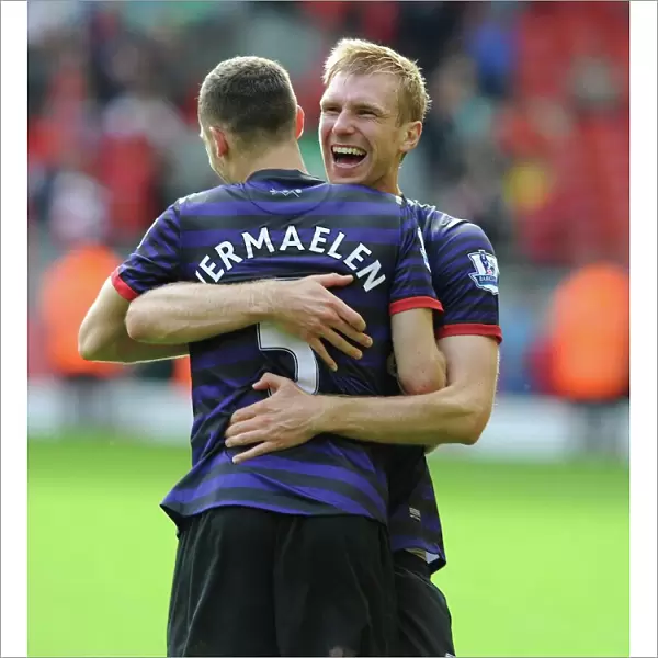 Celebrating Victory: Vermaelen and Mertesacker, Liverpool v Arsenal, 2012-13