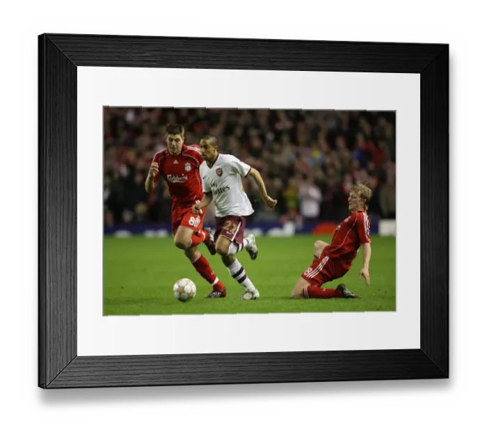 Framed Print : Clash of Titans: Gael Clichy vs. Steven Gerrard & Dirk Kuyt in the Intense Liverpool vs. Arsenal UEFA Champions League Quarterfinal (4:2 in Favor of Liverpool)