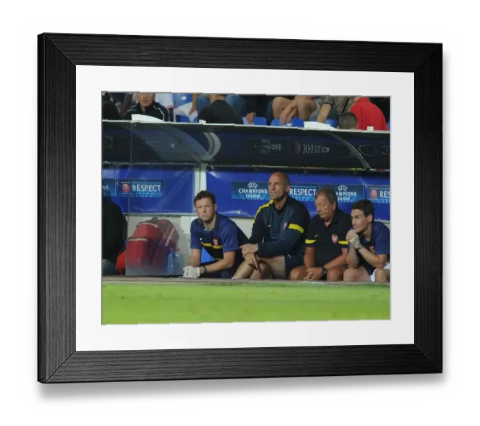 Framed Print : Arsenal Backroom Staff at Montpellier: Steve Bould, Colin Lewin, Gary O'Driscoll, and Vic Akers