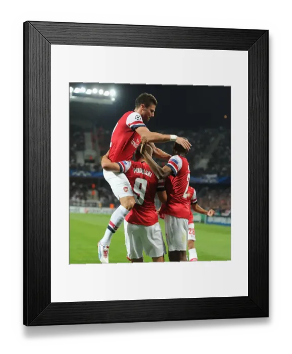 Framed Print : Podolski, Diaby, and Giroud: Arsenal's Goal Celebration in Montpellier (2012-13)