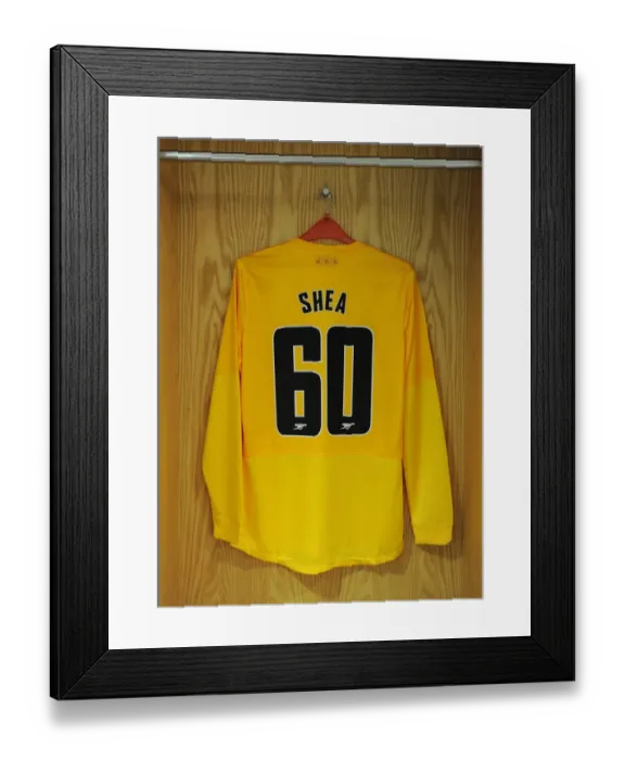Framed Print : Arsenal FC: Pre-Match Focus - James Shea's Coventry City Shirt in Arsenal Changing Room (Capital One Cup 2012-13)