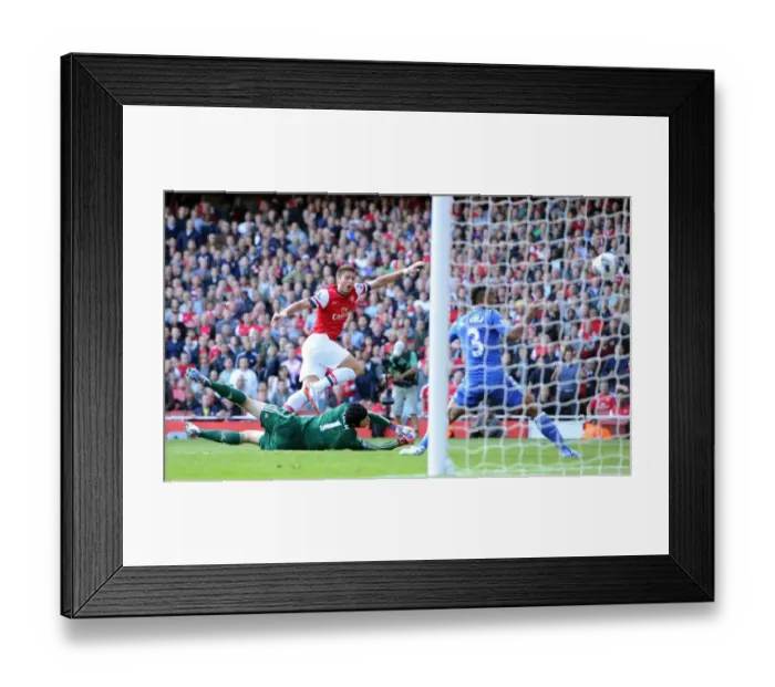 Framed Print : Giroud's Close Call: Arsenal vs. Chelsea, 2012-13 - Petr Cech and Ashley Cole Thwart the Striker's Goal Attempt