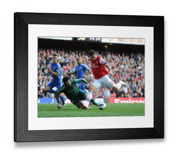 Framed Print : Giroud's Heart-Breaking Near-Miss: Arsenal's Star Forward Scores Past Cech, Hits Side Netting Against Chelsea Framed Print : Giroud's Heart-Breaking Near-Miss: Arsenal's Star Forward Scores Past Cech, Hits Side Netting Against Chelsea