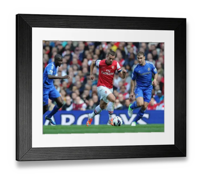 Framed Print : Arsenal vs. Chelsea: Podolski Clashes with Ramires and Ivanovic