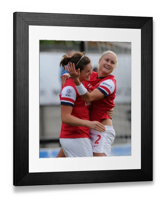Framed Print : Beattie and Houghton's Unforgettable Goal Celebration: Arsenal Ladies FC vs. Barcelona in the UEFA Women's Champions League