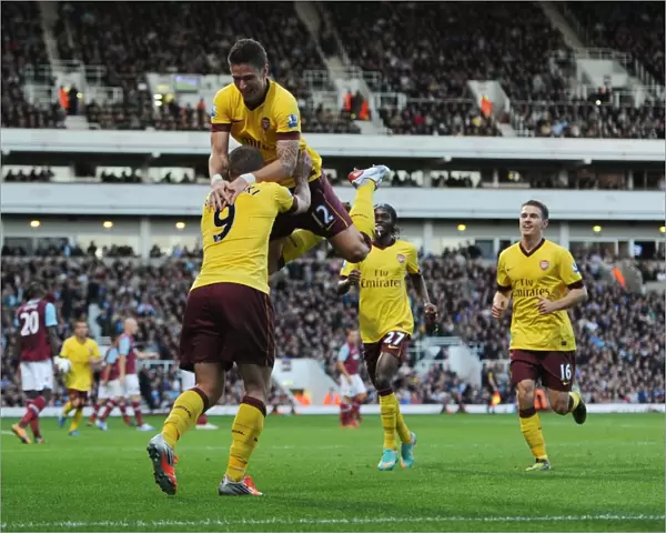 Giroud and Podolski Celebrate Goal: West Ham United vs Arsenal, 2012-13 Premier League