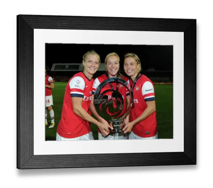 Framed Print : Arsenal Ladies FC Celebrate FA WSL Continental Cup Victory over Birmingham City Ladies FC: Katie Chapman, Gemma Davison, and Gilly Flaherty Hold the Trophy