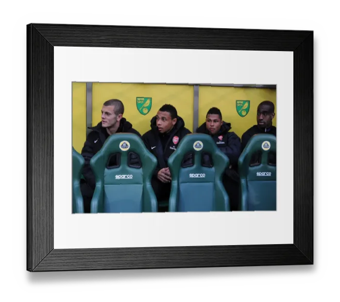 Framed Print : Arsenal Bench: Jack Wilshere, Francis Coquelin, Serge Gnabry, Johan Djourou (Norwich City vs Arsenal, 2012-13)