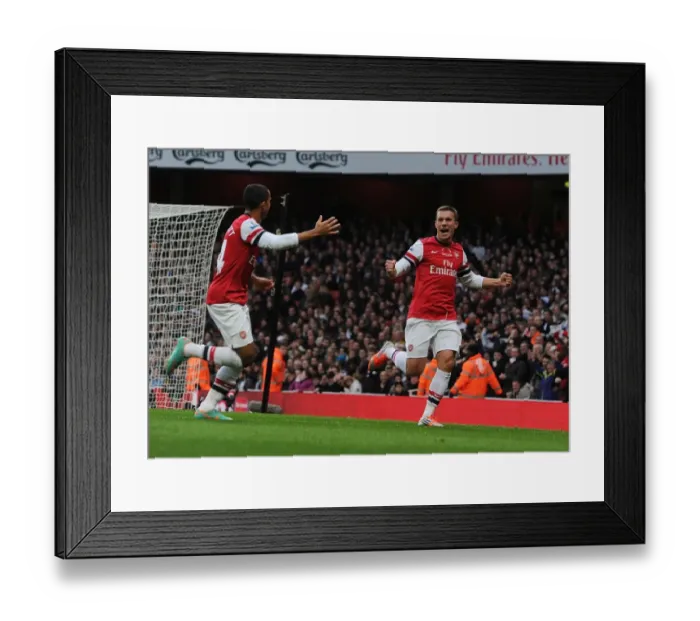 Framed Print : Podolski and Walcott Celebrate Arsenal's Second Goal vs Fulham (2012-13)