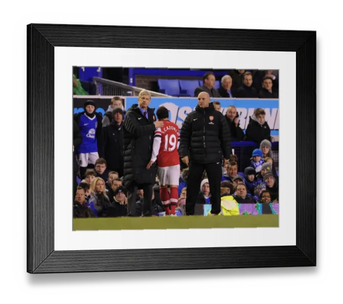 Framed Print : Arsene Wenger and Steve Bould Console Santi Cazorla after Substitution: Everton vs Arsenal, 2012-13 Framed Print : Arsene Wenger and Steve Bould Console Santi Cazorla after Substitution: Everton vs Arsenal, 2012-13