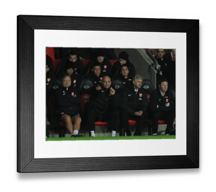 Framed Print : Vic Akers, Steve Bould and Arsene Wenger the Arsenal Manager on the bench. Southampton 1: 1 Arsenal Framed Print : Vic Akers, Steve Bould and Arsene Wenger the Arsenal Manager on the bench. Southampton 1: 1 Arsenal