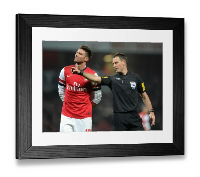 Framed Print : Mark Clattenberg Intervenes between Olivier Giroud and FA Cup Tensions: Arsenal vs Swansea City