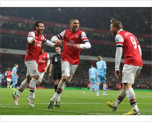 Arsenal's Santi Cazorla Scores, Celebrates with Gibbs and Podolski vs. West Ham United (2013)