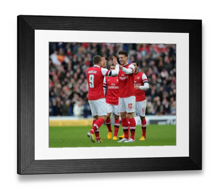 Framed Print : Arsenal's Unstoppable Striking Partnership: Giroud and Podolski Celebrate First Goal in FA Cup Victory (2012-13)