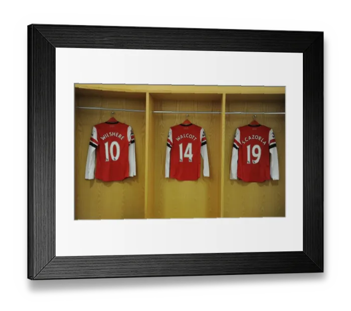 Framed Print : Arsenal Changing Room: Jack Wilshere, Theo Walcott, and Santi Cazorla Before Arsenal vs. Aston Villa (2012-13)