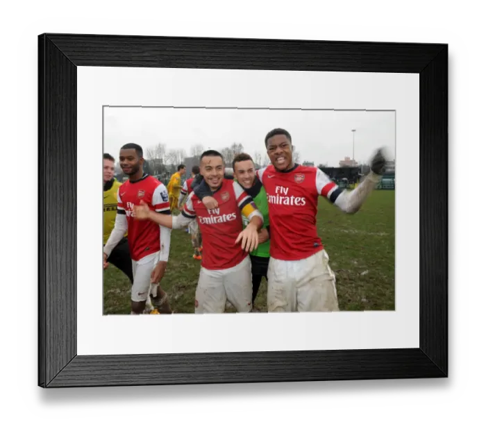 Framed Print : Chuba Akpom, Brandon Ormonde-Ottewill and Nico Yennaris (Arsenal) celebrates after the match Framed Print : Chuba Akpom, Brandon Ormonde-Ottewill and Nico Yennaris (Arsenal) celebrates after the match
