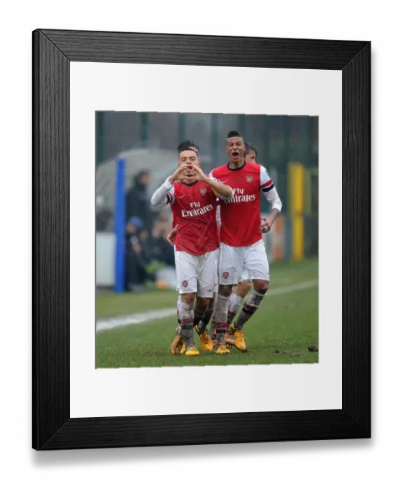 Framed Print : Arsenal U19: Yennaris and Angha Celebrate Goal Against Inter Milan U19 in NextGen Series, Milan 2013
