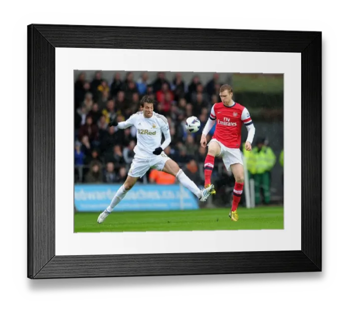 Framed Print : Per Mertesacker Fends Off Michu Pressure in Swansea City vs Arsenal Clash