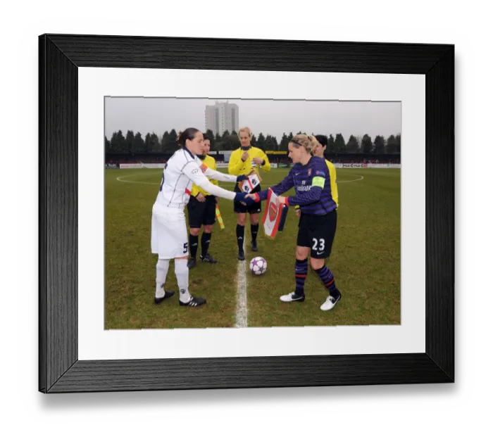 Framed Print : Sportsmanship at its Finest: Kelly Smith and Elisabetta Tona's Pre-Match Handshake, Arsenal Ladies vs. ASD Torres CF, UEFA Women's Champions League Quarterfinal Framed Print : Sportsmanship at its Finest: Kelly Smith and Elisabetta Tona's Pre-Match Handshake, Arsenal Ladies vs. ASD Torres CF, UEFA Women's Champions League Quarterfinal