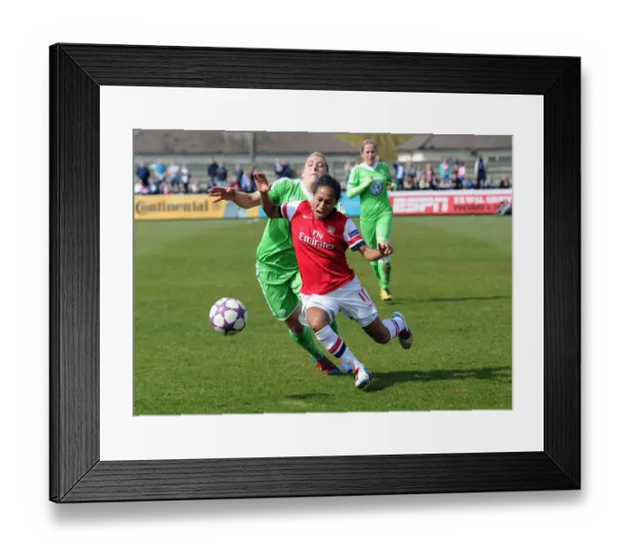 Framed Print : Arsenal Ladies vs. VfL Wolfsburg: Rachel Yankey Fouls by Luisa Wensing in UEFA Women's Champions League Semi-Final Framed Print : Arsenal Ladies vs. VfL Wolfsburg: Rachel Yankey Fouls by Luisa Wensing in UEFA Women's Champions League Semi-Final