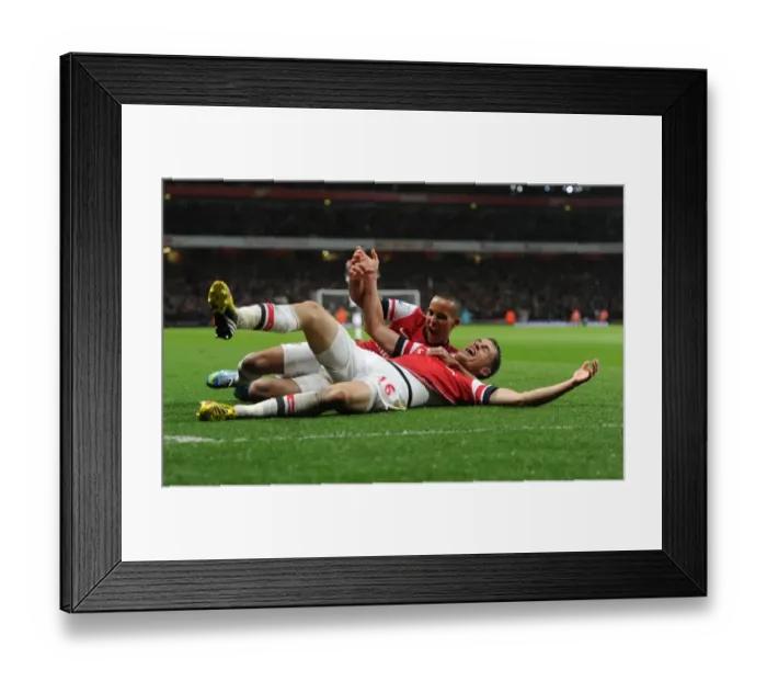 Framed Print : Arsenal's Aaron Ramsey and Theo Walcott Celebrate Goals Against Wigan Athletic (2012-13)