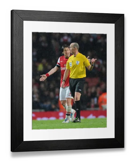 Framed Print : Arsenal vs Wigan Athletic: Rosicky and Referee Dean Clash in 2012-13 Premier League Match