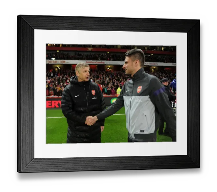 Framed Print : Arsene Wenger and Olivier Giroud Celebrate Arsenal's Victory: 4-1 over Wigan Athletic, Barclays Premier League, Emirates Stadium (2013)