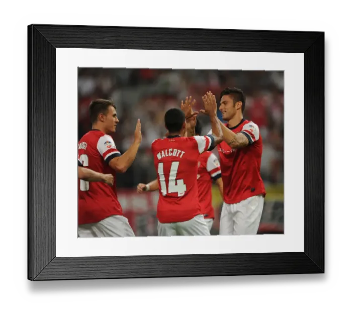 Framed Print : Arsenal's Olivier Giroud, Theo Walcott, and Aaron Ramsey Celebrate Goal Against Nagoya Grampus in 2013