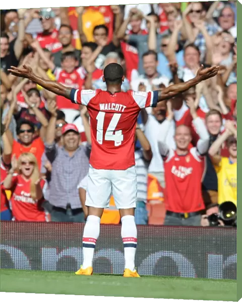 Theo Walcott celebrates scoring Arsenals goal. Arsenal 1: 2 Galatasaray. Emirates Cup Day Two
