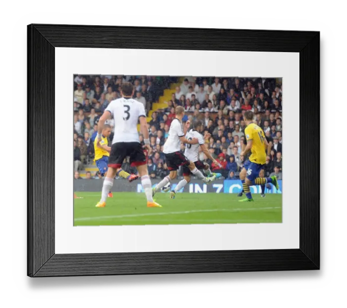 Framed Print : Podolski Scores the Third: Fulham vs. Arsenal, Premier League 2013-14