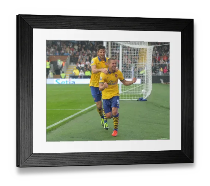 Framed Print : Podolski and Giroud Celebrate Arsenal's Third Goal vs Fulham (2013-14)