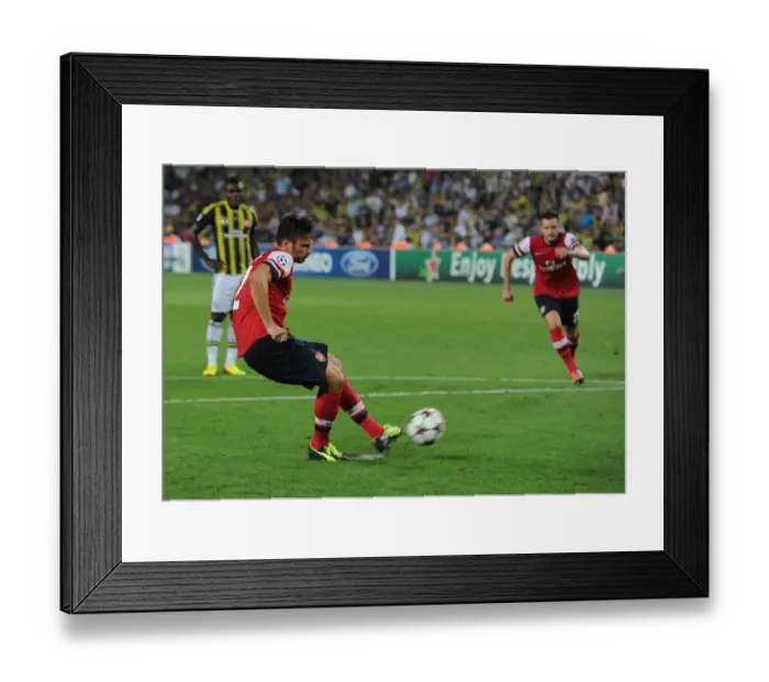 Framed Print : Olivier Giroud Scores Penalty as Arsenal Takes 3-0 Lead Over Fenerbahce in Champions League Play-offs
