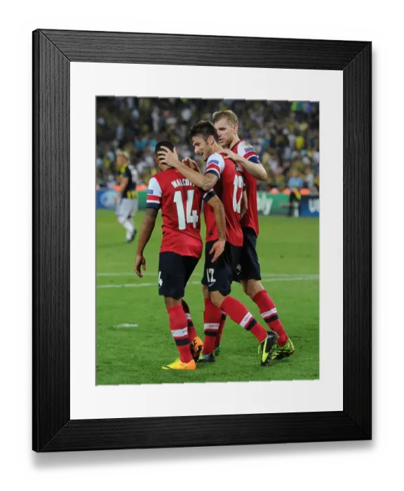 Framed Print : Arsenal's Olivier Giroud, Per Mertesacker, and Theo Walcott Celebrate Goals Against Fenerbahce in UEFA Champions League Play-offs