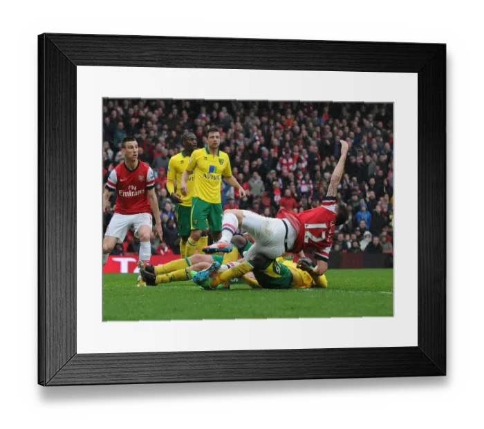Framed Print : Penalty Drama: Olivier Giroud Foul by Alexander Tettey at Arsenal vs Norwich City (2012-13)