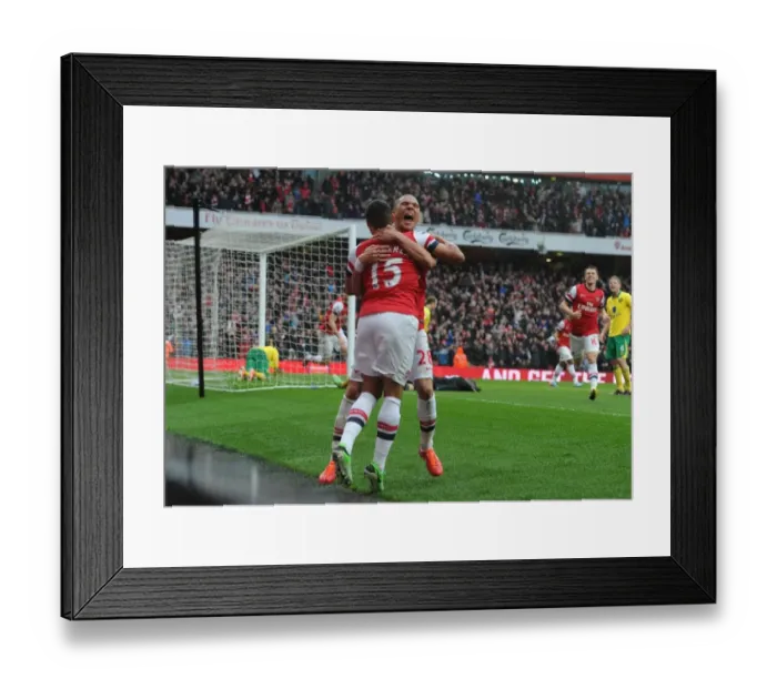 Framed Print : Arsenal Players Oxlade-Chamberlain and Gibbs Celebrate Second Goal vs. Norwich City (2012-13) Framed Print : Arsenal Players Oxlade-Chamberlain and Gibbs Celebrate Second Goal vs. Norwich City (2012-13)