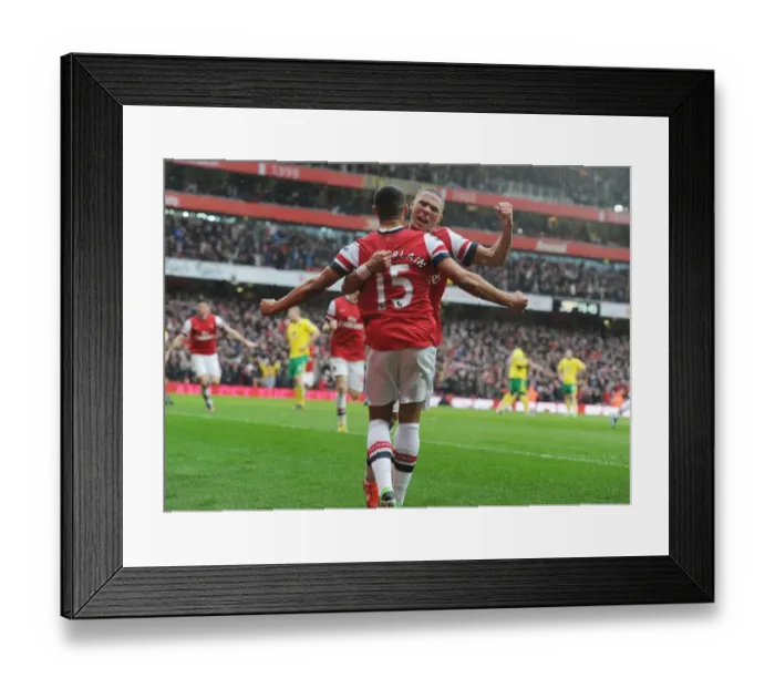 Framed Print : Arsenal Players Oxlade-Chamberlain and Gibbs Celebrate Second Goal vs Norwich City (2012-13)