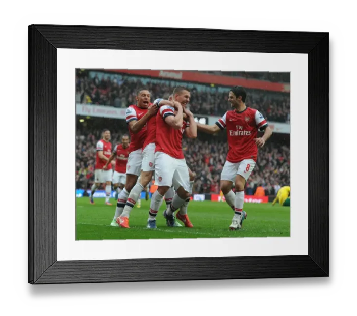 Framed Print : Arsenal's Triumph: Podolski, Oxlade-Chamberlain, and Arteta's Unforgettable Goal Celebration (April 2013)