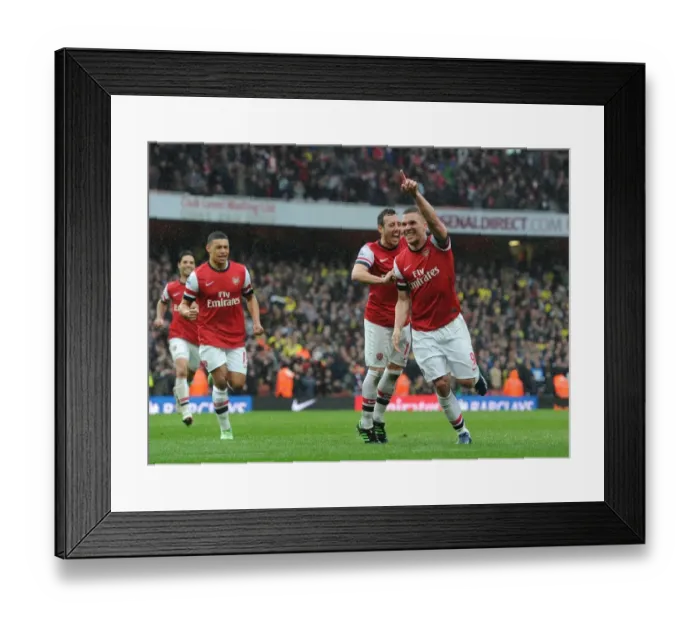 Framed Print : Arsenal's Podolski and Cazorla Celebrate Goals Against Norwich City (2012-13)